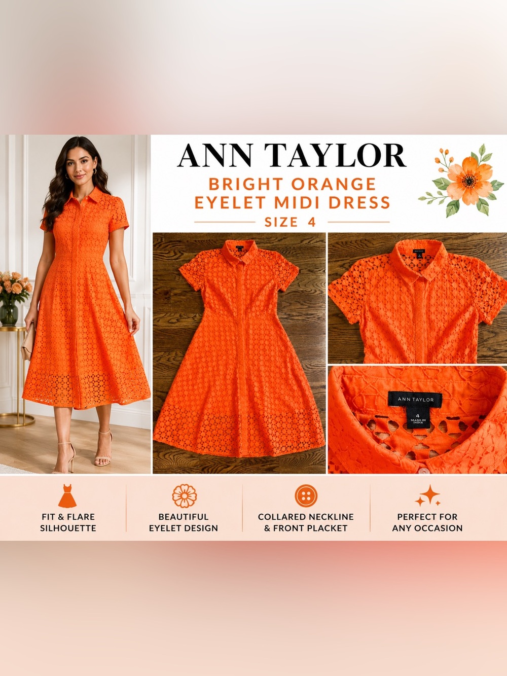 Ann Taylor Bright Orange Eyelet Midi Dress Size 4 Fit & Flare